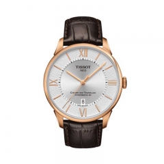 瑞士TISSOT天梭杜鲁尔系列时尚商务金盘棕色皮带机械男表手表T099.407.36.038.00