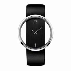 美国Calvin Klein 卡文克莱GLAM系列女表超薄黑盘黑色皮带镂空石英手表K9423107