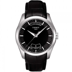 瑞士TISSOT天梭库图系列机械皮带黑盘蓝宝石水晶表镜情侣表男表T035.407.16.051.00